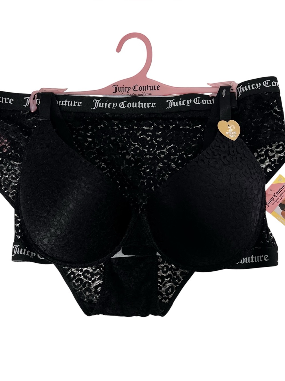 Juicy Couture Women’s 2-pc Set Bra & Hipster Pantie Leopard Mesh Underwire Black
